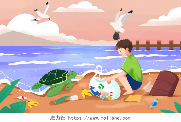 男孩与动物一起清理海洋垃圾的环保插画卡通世界环境日环保插画